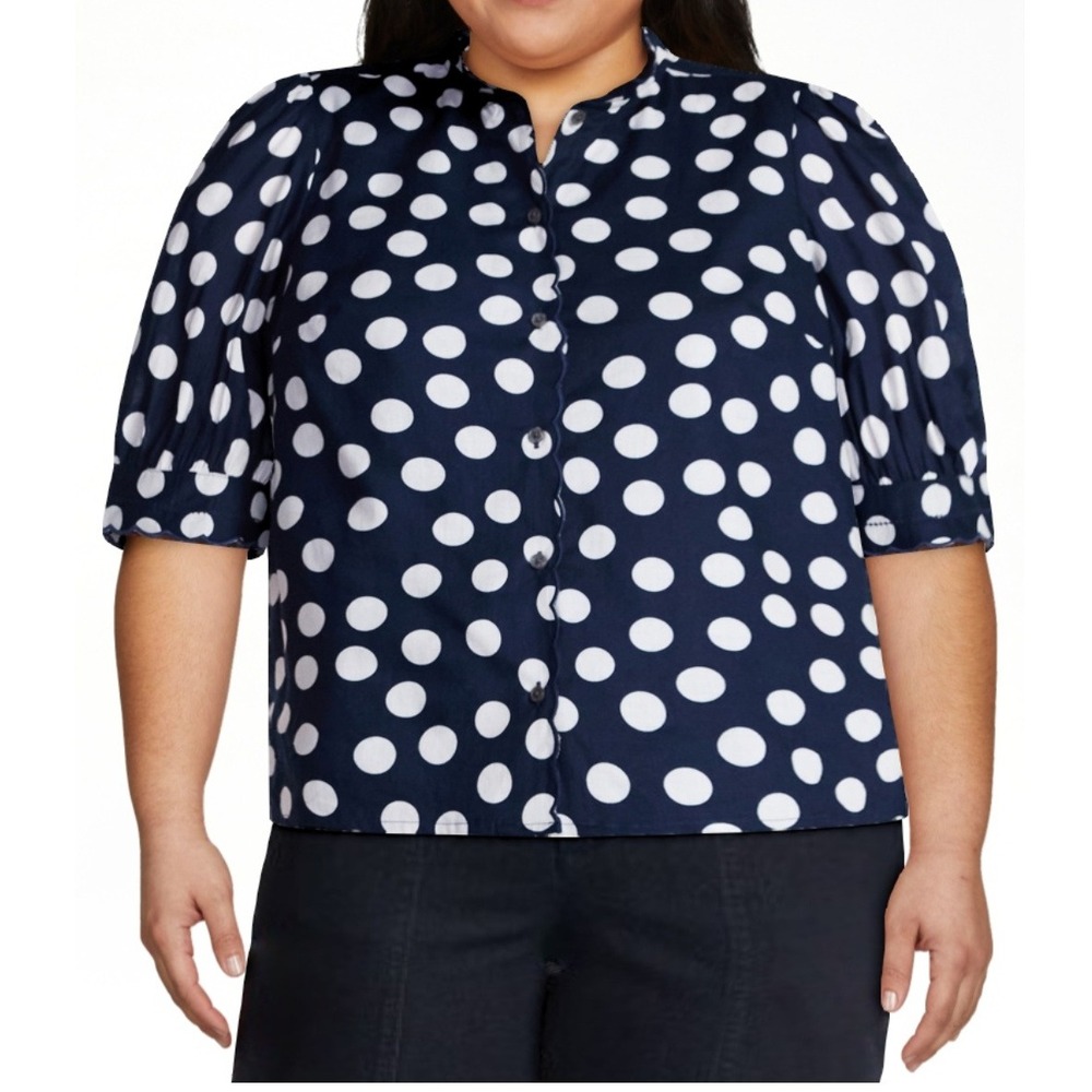NEW Navy Polka Dot Puff Sleeve Workwear Top XXXL 22 Scallop Buttoned Dress Shirt